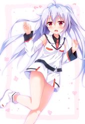Rule 34 | 10s, 1girl, ahoge, ankle boots, blush, boots, detached sleeves, employee uniform, highres, isla (plastic memories), kusunoki (escude), long hair, necktie, open mouth, plastic memories, red eyes, silver hair, solo, twintails, uniform, wavy mouth, white background