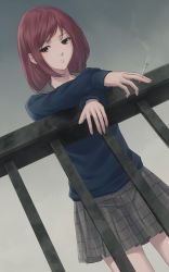 Rule 34 | 1girl, between fingers, blue shirt, brown hair, cigarette, closed mouth, commentary request, crossed arms, flcl, grey eyes, grey sailor collar, grey skirt, highres, holding, holding cigarette, long sleeves, looking at viewer, miura-n315, pleated skirt, puffy long sleeves, puffy sleeves, sailor collar, samejima mamimi, school uniform, serafuku, shirt, skirt, smoke, solo, swept bangs