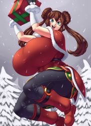 Rule 34 | 1girl, aqua eyes, black gloves, black pants, boots, box, breasts, brown hair, cape, creatures (company), curvy, dotil, double bun, dress, elbow gloves, game freak, gift, gift box, gigantic breasts, gloves, hair bun, highres, huge breasts, jumping, looking at viewer, nintendo, open mouth, outdoors, pants, pine tree, pokemon, pokemon masters ex, red dress, red footwear, rosa (pokemon), sidelocks, smile, snowing, solo, teeth, thick thighs, thighs, tongue, tree, twintails, two-tone gloves, white gloves