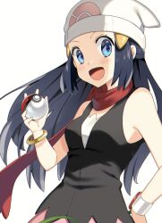 Rule 34 | 1girl, :d, black hair, black shirt, blue eyes, bracelet, breasts, creatures (company), dawn (pokemon), game freak, hat, highres, holding, holding poke ball, jewelry, long hair, looking at viewer, nintendo, open mouth, poke ball, pokemon, pokemon dppt, print headwear, red scarf, scarf, shirt, simple background, sleeveless, sleeveless shirt, small breasts, smile, solo, upper body, white background, white hat, yuihico