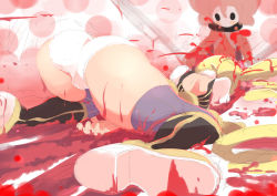 Rule 34 | 10s, 1girl, ass, bad id, bad pixiv id, blood, blush stickers, charlotte (madoka magica), defeat, face down, foreshortening, guro, lying, mahou shoujo madoka magica, mahou shoujo madoka magica (anime), panties, sketch, sora to umi, thighhighs, tomoe mami, underwear, white panties