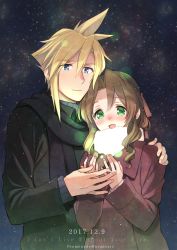 Rule 34 | 1boy, 1girl, aerith gainsborough, alternate costume, arm around shoulder, black coat, black scarf, blonde hair, blue eyes, blush, brown coat, brown hair, cloud strife, coat, couple, final fantasy, final fantasy vii, green eyes, hair between eyes, hair ribbon, hand on another&#039;s shoulder, hetero, krudears, long sleeves, night, night sky, open mouth, outdoors, own hands together, parted bangs, pink ribbon, ribbon, scarf, sidelocks, sky, smile, spiked hair, square enix, turtleneck, upper body, wavy hair, white scarf, winter clothes