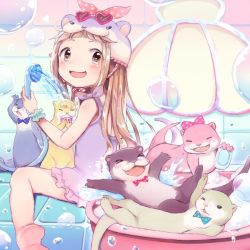 Rule 34 | &gt; &lt;, &gt; o, 1girl, :d, animal, basin, bathroom, brown eyes, commentary request, gum (vivid garden), ichihara nina, idolmaster, idolmaster cinderella girls, light brown hair, long hair, one-piece swimsuit, one eye closed, open mouth, otter, shower head, smile, solo, swimsuit, water, xd