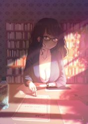 Rule 34 | 1girl, black hair, blazer, bookshelf, breasts, cleavage, collarbone, commentary request, dappled sunlight, failure, glasses, highres, indoors, jacket, jewelry, large breasts, long hair, looking at viewer, mole, mole on breast, original, paper, plunging neckline, pointing, portrait, product placement, puk (higanbana doujin), purple eyes, raised eyebrow, ring, short eyebrows, solo, sprite (drink), sunlight, teacher, academic test, test score, watch, wedding band, wristwatch