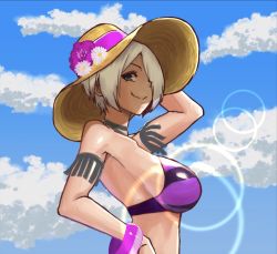 Rule 34 | 1girl, angel (kof), arm behind head, bikini, blue sky, bracelet, clear sky, day, female focus, hair over one eye, hand on own hip, hand up, hat, jewelry, looking at viewer, okazunoridesuyo, ornament, outdoors, purple bikini, short hair, sky, smile, solo, sun hat, swimsuit, the king of fighters, the king of fighters all-stars, white hair