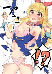 Rule 34 | !?, 1girl, aikatsu!, aikatsu! (series), armpits, bare shoulders, blazer, blonde hair, blue jacket, blush, bolo tie, bra, breasts, buttons, cameltoe, commentary request, cowboy shot, d:, d:&lt;, dot nose, embarrassed, emphasis lines, frilled shirt collar, frills, furrowed brow, gluteal fold, hairband, hands up, high collar, hoshimiya ichigo, itouchaba, jacket, jewelry, legs apart, long hair, long sleeves, miniskirt, navel, nose blush, open mouth, panties, pendant, pink bra, pink panties, pleated skirt, red eyes, red hairband, school uniform, shirt, simple background, skirt, sleeve cuffs, small breasts, solo, sound effects, speech bubble, standing, stomach, tareme, tears, torn bra, torn clothes, torn panties, torn shirt, torn skirt, underwear, v-shaped eyebrows, wavy hair, wavy mouth, white background, white shirt, white skirt