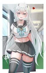 Rule 34 | 1girl, absurdres, arms behind back, blurry, blurry background, blush, bow, bowtie, breasts, choker, commentary, crop top, fangs, grey eyes, hair ornament, hairclip, hallway, heart, highres, horns, indie virtual youtuber, large breasts, long hair, looking at viewer, midriff, open mouth, pleated skirt, pointy ears, school uniform, serafuku, short sleeves, skirt, skull choker, smile, solo, thighhighs, two side up, vei (vtuber), very long hair, virtual youtuber, white hair, zakcura