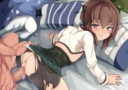Rule 34 | 1boy, 1girl, admiral (kancolle), back cutout, bike shorts, black shorts, breasts, brown hair, clothing cutout, confused, doggystyle, futon, green skirt, headgear, hetero, highres, indoors, jyanen tanpopo, kantai collection, looking at another, looking back, medium hair, miniskirt, pillow, sex, sex from behind, shorts, skirt, small breasts, taihou (kancolle), tatami, torn bike shorts, torn clothes, vaginal, yellow eyes