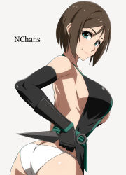 Rule 34 | 1girl, black gloves, black kimono, breasts, brown hair, challengia, gloves, green eyes, highres, holding, holding weapon, honchan, japanese clothes, kimono, kunai, large breasts, looking at viewer, looking back, nchans, nchans style, ninja, panties, ra-pen, short hair, sideboob, simple background, text focus, underwear, weapon, white background