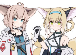 2girls absurdres ahoge animal_ears arknights black_choker black_gloves blonde_hair blue_dress blue_eyes blue_hairband breasts cape choker commentary dress english_commentary fox_ears fox_girl fox_tail frown gloves gongbangmanchi_(daisy_cutter) green_eyes hair_rings hairband hand_up highres holding_hands hood hooded_jacket infection_monitor_(arknights) jacket kitsune looking_at_viewer multiple_girls open_clothes open_jacket pink_hair shirt short_hair sidelocks simple_background sleeveless sleeveless_shirt small_breasts smile sussurro_(arknights) suzuran_(arknights) tail upper_body white_background white_cape white_gloves white_jacket white_shirt