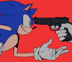 Rule 34 | 2boys, animal ears, animal nose, at gunpoint, commentary, diamondx1704, english commentary, from side, furry, furry male, gloves, green eyes, gun, handgun, highres, holding, holding gun, holding weapon, male focus, multiple boys, out of frame, red background, shadow the hedgehog, simple background, smile, solo focus, sonic (series), sonic the hedgehog, upper body, weapon, white gloves