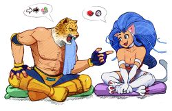 Rule 34 | 1boy, 1girl, animal ears, animal hands, bare shoulders, big hair, blue eyes, blue gloves, blue hair, body fur, breasts, capcom, cat ears, cat tail, cleavage, commentary, crossover, dark skin, english commentary, fangs, felicia (vampire), fingerless gloves, gloves, highres, indian style, king (tekken), long hair, looking at another, medium breasts, michafrar, namco, open mouth, simple background, sitting, speech bubble, tail, tekken, towel, trait connection, vampire (game), white background