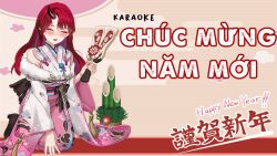 Rule 34 | bamboo, closed eyes, detached sleeves, drunk, english text, floral print, happy new year, highres, japanese clothes, kimono, kitou an sa, long sleeves, medium hair, new year, nijigen project, open mouth, red hair, smile, tassel, tasuki, vietnamese text, virtual youtuber, wide sleeves