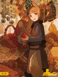 Rule 34 | animal ears, anniversary, apple, basket, brown eyes, brown hair, buchi (qooo003), cabbage, carrot, dress, food, fruit, fur trim, garlic, grapes, highres, holding, holding food, holding fruit, holo, long hair, looking at viewer, market stall, meat, official art, onion, open mouth, pouch, sleeveless, sleeveless jacket, smile, solo focus, spice and wolf, tail, wolf ears, wolf girl, wolf tail