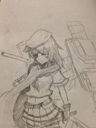 Rule 34 | 10s, 1girl, cape, closed mouth, commentary request, cowboy shot, efukei, eyepatch, gloves, greyscale, hat, holding, holding sword, holding weapon, kantai collection, kiso (kancolle), long hair, midriff, monochrome, navel, neckerchief, pleated skirt, pouch, school uniform, serafuku, serious, short sleeves, skirt, solo, sword, traditional media, weapon