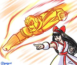 Rule 34 | 1boy, 1girl, ainu clothes, artist name, black eyes, black hair, breasts, captain falcon, clenched hand, crossover, f-zero, fingerless gloves, fire, gloves, hair ribbon, highres, incoming attack, incoming punch, long hair, nakoruru, nintendo, open mouth, pants, pointing, punching, ribbon, samurai spirits, small breasts, snk, super smash bros., teamwork
