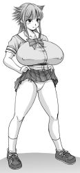 Rule 34 | 1girl, artist request, breasts, character request, clothes lift, copyright request, female focus, full body, gigantic breasts, monochrome, panties, school uniform, shoes, skirt, skirt lift, socks, solo, source request, standing, underwear, white background