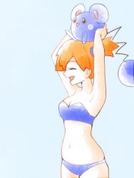 Rule 34 | 1girl, adapted costume, armpits, asymmetrical hair, azurill, bare legs, bikini, blue bikini, breasts, closed eyes, creatures (company), game freak, gen 3 pokemon, gym leader, legs, looking at another, misty (pokemon), navel, nintendo, orange hair, pokemon, pokemon (creature), pokemon frlg, ponytail, short hair, side ponytail, smile, solo, standing, swimsuit