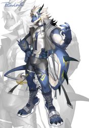 Rule 34 | bara, blue eyes, blue skin, bulge, collar, colored skin, dragon, dragon horns, dragon tail, furry, furry male, highres, horns, jacket, muscular, muscular male, original, patterned skin, powerlesssong, shorts, tail, tight clothes, white hair
