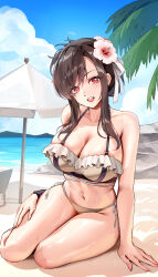 Rule 34 | 1girl, absurdres, arm support, bare shoulders, beach, beach umbrella, bikini, black hair, blue sky, breasts, brown bikini, cleavage, cloud, cloudy sky, commentary, day, final fantasy, final fantasy vii, final fantasy vii rebirth, final fantasy vii remake, flower, folded ponytail, foxyreine, frilled bikini, frills, hair flower, hair ornament, highres, large breasts, looking at viewer, mountainous horizon, navel, ocean, official alternate costume, official alternate hairstyle, open mouth, outdoors, palm leaf, parted bangs, red eyes, side-tie bikini bottom, sidelocks, sitting, sky, smile, solo, stomach, swimsuit, teeth, thighs, tifa lockhart, tifa lockhart (shining spirit), umbrella, upper teeth only, water, white flower, yokozuwari
