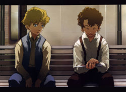 Rule 34 | 00s, 2boys, baccano!, blouse, collared shirt, enami katsumi, highres, letterboxed, male focus, multiple boys, official art, ryohgo narita (mangaka), scan, shirt, side-by-side, sitting, tick jefferson, tock jefferson, tock jerrerson, white shirt
