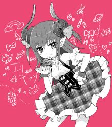 Rule 34 | 10s, 1girl, bare shoulders, blush, bow, collar, corset, cowboy shot, curled horns, detached sleeves, elizabeth bathory (fate), elizabeth bathory (fate/extra ccc), elizabeth bathory (second ascension) (fate), fate/extra, fate/extra ccc, fate (series), flower, frilled collar, frills, hand on own hip, heart, horns, long hair, looking at viewer, partially colored, pink background, plaid, plaid skirt, pointy ears, satou memeko, shirt, skirt, sleeveless, sleeveless shirt, smile, solo, star (symbol), tongue, tongue out, unmoving pattern