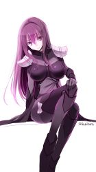 Rule 34 | 1girl, armor, bodysuit, breasts, fate/grand order, fate (series), hand on own knee, kurikara, large breasts, long hair, looking at viewer, pauldrons, purple bodysuit, purple eyes, purple hair, scathach (fate), shoulder armor, simple background, sitting, smile, solo, twitter username, very long hair, white background