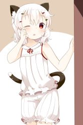 Rule 34 | 1girl, animal ears, bloomers, blush, cat ears, cat tail, chestnut mouth, flat chest, hair ornament, hairclip, hand on own cheek, hand on own face, highres, looking at viewer, muku (muku-coffee), one eye closed, open mouth, original, pajamas, red eyes, ribbon, rubbing eyes, shiro (muku), short hair, sleepwear, sleeveless, solo, standing, tail, underwear, white hair