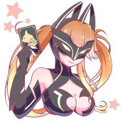 1girl animal_ear_hairband animal_ears armor blonde_hair breasts card cat_ear_hairband cat_ears closed_mouth commentary_request cropped_torso eiyuu_densetsu fake_animal_ears falcom gradient_hair green_eyes grimcats_(eiyuu_densetsu) hairband highres holding holding_card judith_ranster kuro_no_kiseki_(series) kuro_no_kiseki_i large_breasts long_hair mask momoiro_sango multicolored_hair orange_hair simple_background smile solo star_(symbol) twintails two-tone_hair white_background