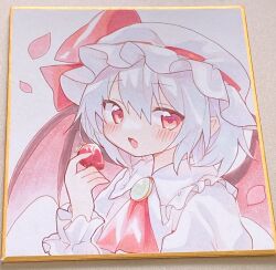 Rule 34 | 1girl, ascot, bat wings, commentary, fang, food, fruit, grey hair, hat, hat ribbon, highres, holding, holding food, holding fruit, looking at viewer, mob cap, moni monico, open mouth, photo (medium), red ascot, red eyes, red ribbon, remilia scarlet, ribbon, short hair, skin fang, solo, strawberry, symbol-only commentary, touhou, traditional media, upper body, white hat, wings