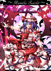 Rule 34 | 1girl, bat (animal), bat wings, blood, blue hair, bow, character name, dress, fang, female focus, hat, highres, laevatein, red eyes, remilia scarlet, shino (moment), short hair, smile, solo, spear the gungnir, touhou, wings, wrist cuffs