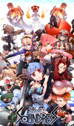 Rule 34 | 6+girls, absurdres, aidress (t.a.k.), arm up, badress (t.a.k.), blonde hair, bloodress (t.a.k.), blue eyes, blue hair, breasts, brown hair, cordress (t.a.k.), endress (t.a.k.), eyepatch, fire, glasses, hat, highres, large breasts, long hair, looking at viewer, madress (t.a.k.), maid, mindress (t.a.k.), multiple girls, one eye closed, original, purple eyes, red eyes, short hair, smile, soundress (t.a.k.), standress (t.a.k.), swordress (t.a.k.), t.a.k., weapon