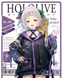 Rule 34 | 1girl, :d, absurdres, animal, animal on shoulder, barcode, black jacket, black ribbon, blush, cat, cat on shoulder, commentary, cover, cowboy shot, fake cover, hair ribbon, hand on own hip, highres, hololive, jacket, long hair, long sleeves, looking at viewer, magazine cover, murasaki shion, nail polish, open mouth, purple nails, qr code, ribbon, round teeth, silver hair, smile, solo, standing, teeth, translation request, upper teeth only, virtual youtuber, yellow eyes, yoshikawa hiro