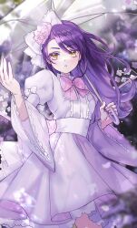Rule 34 | 1girl, blurry, blurry background, bow, chuu0105, cowboy shot, dress, falling petals, hair bow, hair down, hands up, highres, holding, holding umbrella, long hair, long sleeves, outdoors, parted lips, petals, pretty series, pripara, puffy sleeves, purple dress, purple hair, solo, standing, toudou shion, transparent, transparent umbrella, umbrella, white bow, wide sleeves, wind, yellow eyes