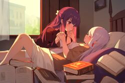Rule 34 | 2girls, bed, blush, book, closed eyes, commentary request, curtains, fern (sousou no frieren), frieren, hand on another&#039;s cheek, hand on another&#039;s face, holding hands, indoors, interlocked fingers, knee up, long hair, milktea (gggrrr2000), multiple girls, on bed, open book, pointy ears, purple eyes, purple hair, sousou no frieren, white hair, window, yuri
