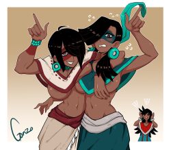 Rule 34 | 2girls, 3girls, absurdres, angel (kof), arms around neck, arms around waist, asymmetrical docking, aztec, bio&#039;, blush, bracer, breast press, breasts, cleavage, codex black, couple, crop top, crossover, dark skin, facepaint, gonzo (jgonzohasbigdum), hair over one eye, highres, horns pose, hug, hug from behind, index fingers raised, jewelry, large breasts, loincloth, long bangs, looking at viewer, mexico, midriff, multiple girls, mutual hug, navel, open mouth, poncho, short hair, signature, simple background, smile, snk, tan, the king of fighters, toned, tribal, underboob, yela, yuri