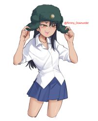 Rule 34 | 1girl, :d, absurdres, black hair, blue skirt, breasts, brown eyes, collarbone, collared shirt, commission, cropped legs, fang, grey shirt, hair ornament, hairclip, hands up, highres, ijiranaide nagatoro-san, long hair, nagatoro hayase, open mouth, pleated skirt, popopoka, russian clothes, shiny skin, shirt, skirt, small breasts, smile, solo, teeth, upper teeth only, white shirt