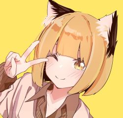 Rule 34 | 1girl, animal ears, brown eyes, brown hair, cat ears, commission, nuggetkouhai, original, simple background, solo, v, yellow background, yellow eyes