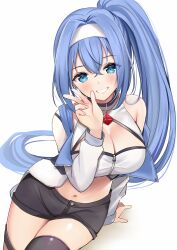 Rule 34 | 1girl, black shorts, black thighhighs, blue eyes, blue hair, breasts, character request, cleavage, copyright request, grin, hairband, highres, large breasts, long hair, looking at viewer, navel, ponytail, ry thae, shorts, simple background, smile, solo, thighhighs, w, white background, white hairband