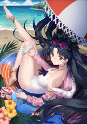 Rule 34 | 1girl, anklet, balusah, barefoot, beach, beach umbrella, black hair, blue sky, blue umbrella, casual one-piece swimsuit, chinese commentary, cloud, commentary request, day, earrings, eyewear on head, fate/grand order, fate (series), full body, fur-trimmed jacket, fur trim, hoop earrings, innertube, ishtar (fate), jacket, jewelry, leg up, long hair, ocean, one-piece swimsuit, outdoors, pink jacket, red eyes, sky, solo, strapless, strapless one-piece swimsuit, sunglasses, swim ring, swimsuit, tiara, tohsaka rin, umbrella, white one-piece swimsuit
