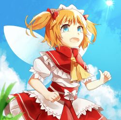 Rule 34 | 1girl, ascot, bad id, bad pixiv id, blonde hair, blue eyes, capelet, cloud, day, fairy wings, fang, maid headdress, migihidari (puwako), obi, open mouth, puffy sleeves, sash, shirt, short sleeves, skirt, smile, solo, sun, sunny milk, touhou, twintails, wings