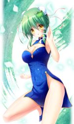 Rule 34 | 1girl, absurdres, alternate costume, blush, breasts, bun cover, china dress, chinese clothes, cleavage, cleavage cutout, clothing cutout, dress, frog hair ornament, green background, green hair, hair ornament, high heels, highres, kochiya sanae, large breasts, looking at viewer, no panties, open mouth, osashin (osada), short hair, solo, touhou, yellow eyes