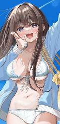Rule 34 | 1girl, bikini, blue bikini, blue jacket, blue sky, blush, breasts, brown hair, collarbone, floral print, front-tie bikini top, front-tie top, grey eyes, highres, jacket, large breasts, navel, open clothes, open jacket, open mouth, original, pink pupils, piyopoyo, sky, solo, swimsuit, zipper pull tab