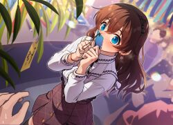 Rule 34 | 1boy, 1girl, black thighhighs, blue eyes, blush, bow hairband, bracelet, brown hair, brown skirt, dutch angle, hairband, highres, holding, holding paper, idolmaster, idolmaster million live!, jewelry, kamille (vcx68), looking at viewer, nose blush, omikuji, outdoors, paper, people, pov, pov hands, satake minako, shirt, skirt, solo focus, thighhighs, white shirt