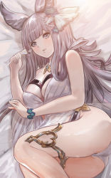 Rule 34 | 1girl, absurdres, animal ears, ass, bad id, bad pixiv id, bare shoulders, blunt bangs, blush, breasts, cleavage, erune, granblue fantasy, grey eyes, hair ornament, highres, korwa, korwa (summer) (granblue fantasy), large breasts, long hair, looking at viewer, lying, on side, one-piece swimsuit, open mouth, quill, silver hair, smile, solo, swimsuit, thighlet, thighs, user lbv2527, white one-piece swimsuit