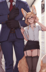 Rule 34 | 1boy, 1girl, adjusting eyewear, adjusting sleeves, animal ears, belt, biting own lip, black thighhighs, blonde hair, blurry, blurry background, blush, braid, cleft of venus, clothes lift, collarbone, commentary, earrings, einar (personal ami), english commentary, flat chest, formal, fox ears, fox tail, garter straps, height difference, highres, jewelry, khiara (personal ami), looking at another, necklace, necktie, no panties, original, pencil skirt, personal ami, pussy, shirt, signature, skirt, skirt lift, suit, tail, thighhighs, twin braids, uncensored, white shirt