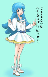 Rule 34 | 10s, 1girl, :d, aqua background, blue eyes, blue hair, bobabo, bow, eyebrows, full body, happinesscharge precure!, highres, index finger raised, long hair, matching hair/eyes, open mouth, precure, shirayuki hime, shoes, sidelocks, skirt, smile, solo, standing, translation request, waist bow