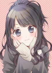 Rule 34 | 1girl, black hair, blazer, blue eyes, blush, commentary request, embarrassed, eyelashes, grey jacket, hands on own face, highres, idolmaster, idolmaster shiny colors, jacket, kazano hiori, long hair, long sleeves, looking at viewer, moe haruno, mole, mole under mouth, pink background, polka dot, polka dot background, ponytail, solo, sweater, upper body, wavy hair, wavy mouth, white sweater