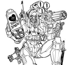 Rule 34 | 1girl, armor, assault rifle, bb (baalbuddy), bodysuit, covered navel, dagger, english text, full armor, gas mask, gatling gun, greyscale, gun, gun on back, headphones, heart, highres, holding, knife, leg up, long hair, looking at viewer, mask, monochrome, original, rifle, rocket launcher, shoulder cannon, simple background, solo, weapon, weapon on back, white background