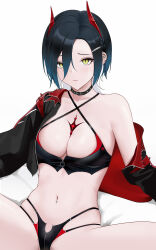 Rule 34 | 1girl, absurdres, azur lane, bare shoulders, black collar, black hair, breasts, cleavage, clothes pull, collar, commentary, cropped jacket, ear piercing, embarrassed, frown, hair ornament, hair over one eye, hairclip, highleg, highres, horns, jacket, jacket pull, legs up, medium breasts, medium hair, multicolored hair, navel, navel piercing, o-ring, off shoulder, official alternate costume, open clothes, open jacket, partially unzipped, piercing, race queen, revealing clothes, slit pupils, solo, spread legs, two-tone hair, ulrich von hutten (azur lane), ulrich von hutten (ignition matrician) (azur lane), wavy mouth, white hair, wo meiyou mao, yellow eyes